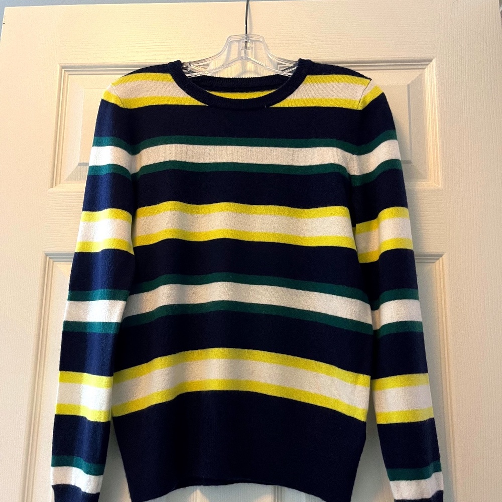 Banana Republic 100% cashmere striped sweater, size S, green, navy, yellow, whit